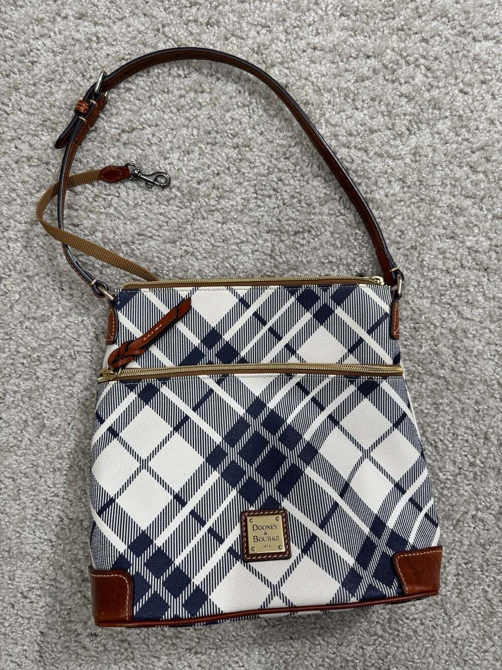Dooney & Bourke Navy and White Plaid North South Crossbody Bag